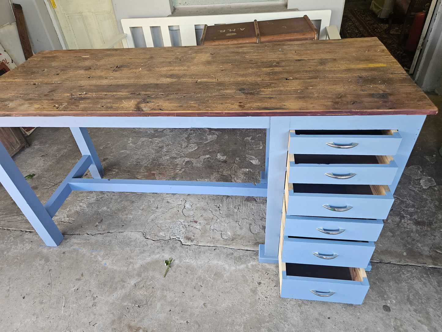 Rustic blue workbench / kitchen island