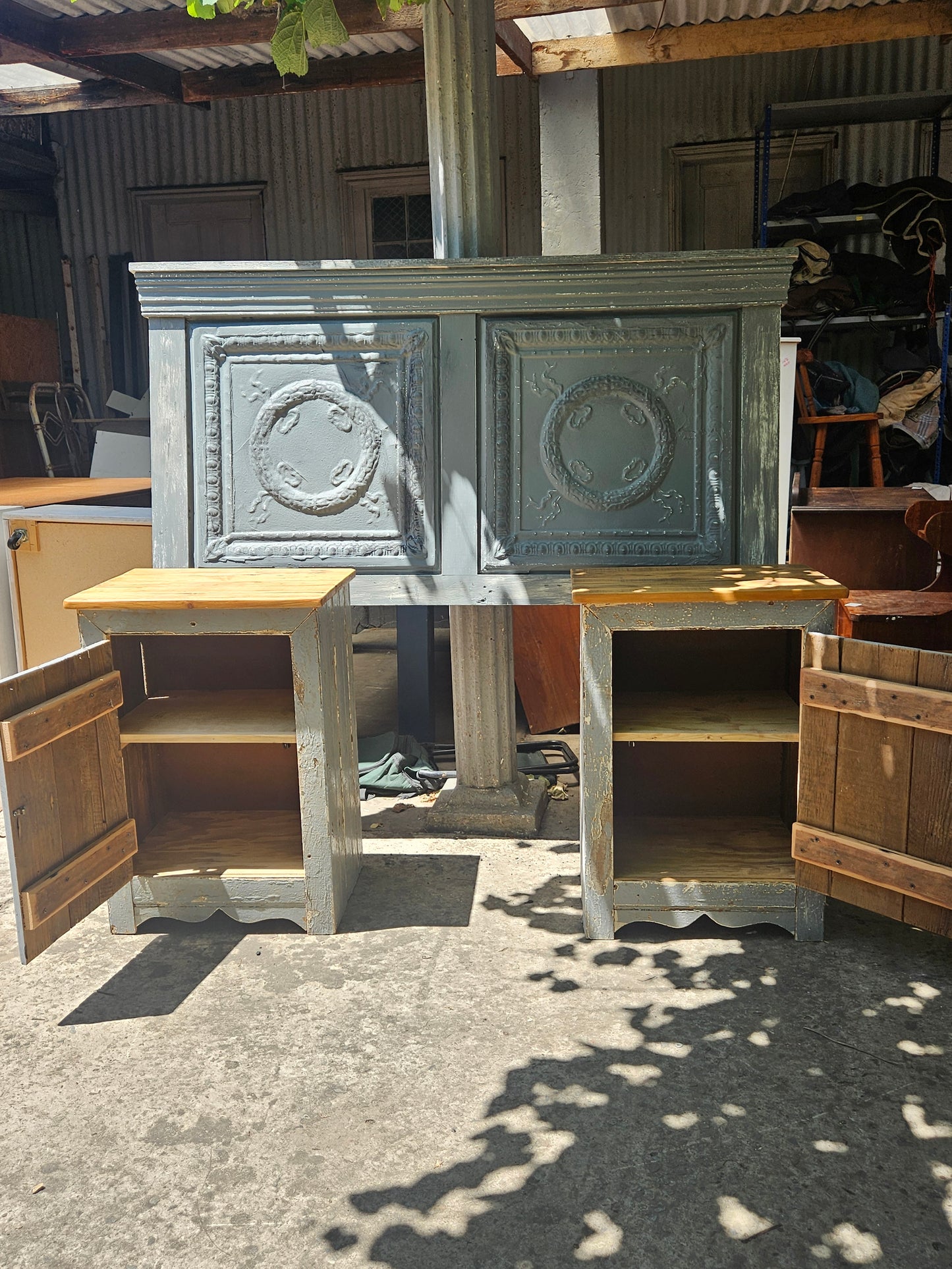 Rustic grey headboard and pedestals set