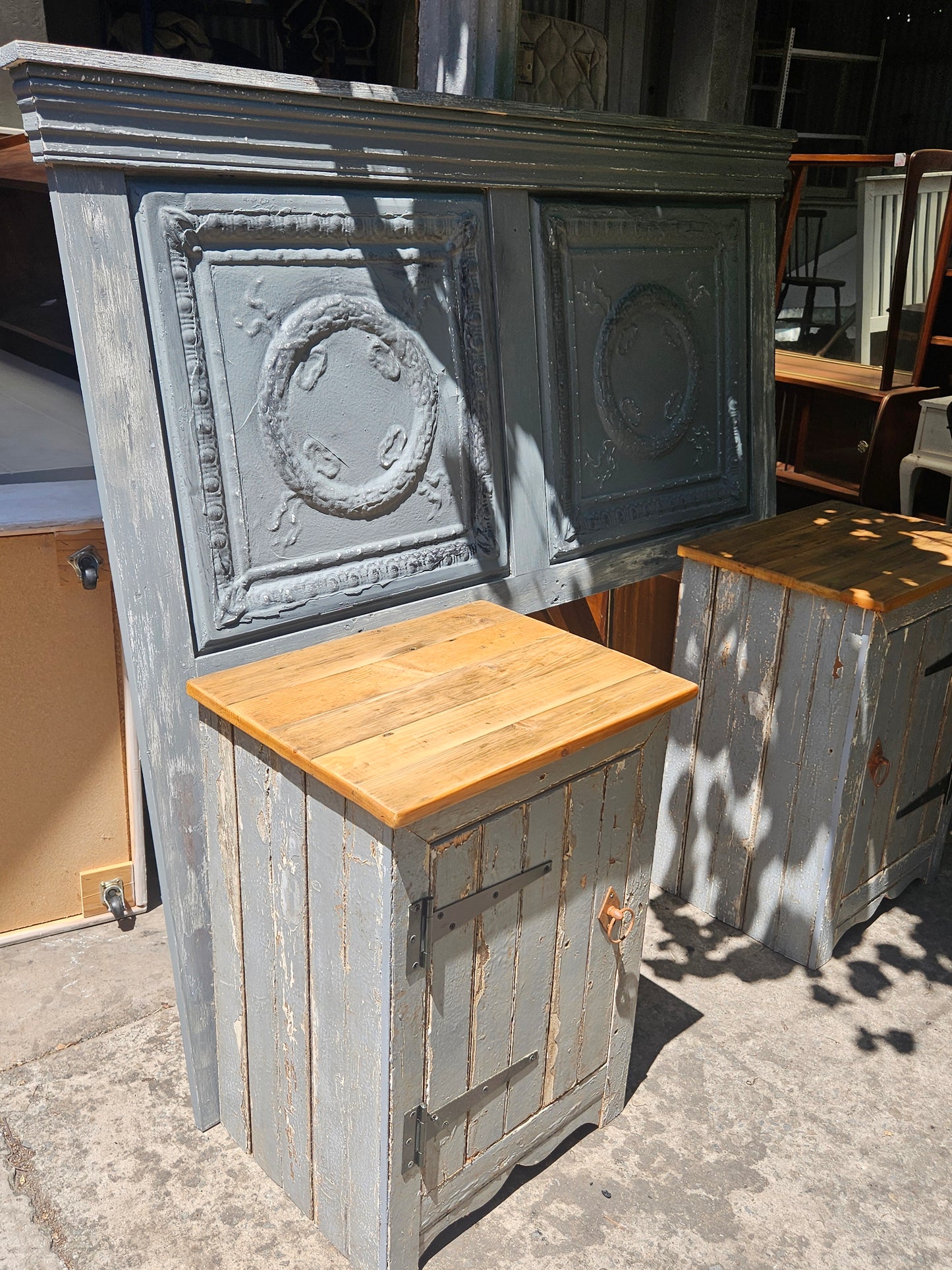 Rustic grey headboard and pedestals set