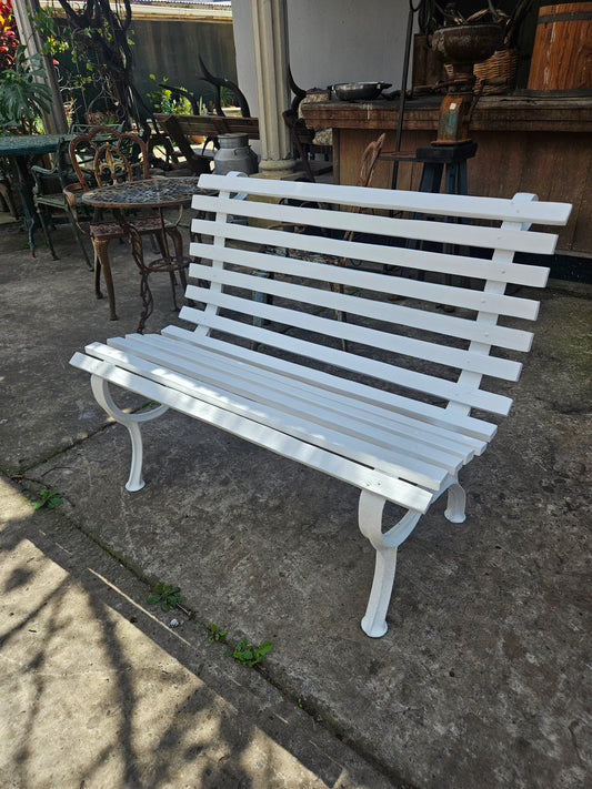 White wooden and metal bench