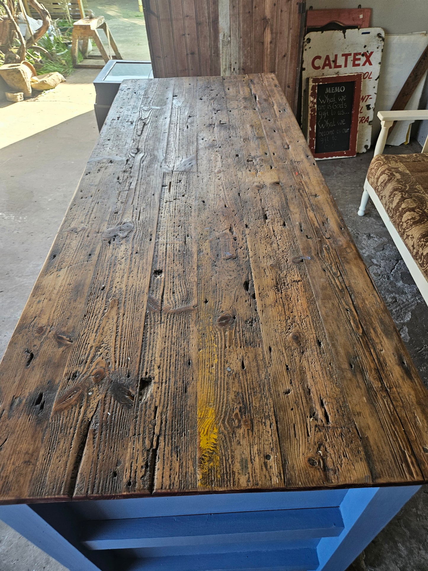 Rustic blue workbench / kitchen island