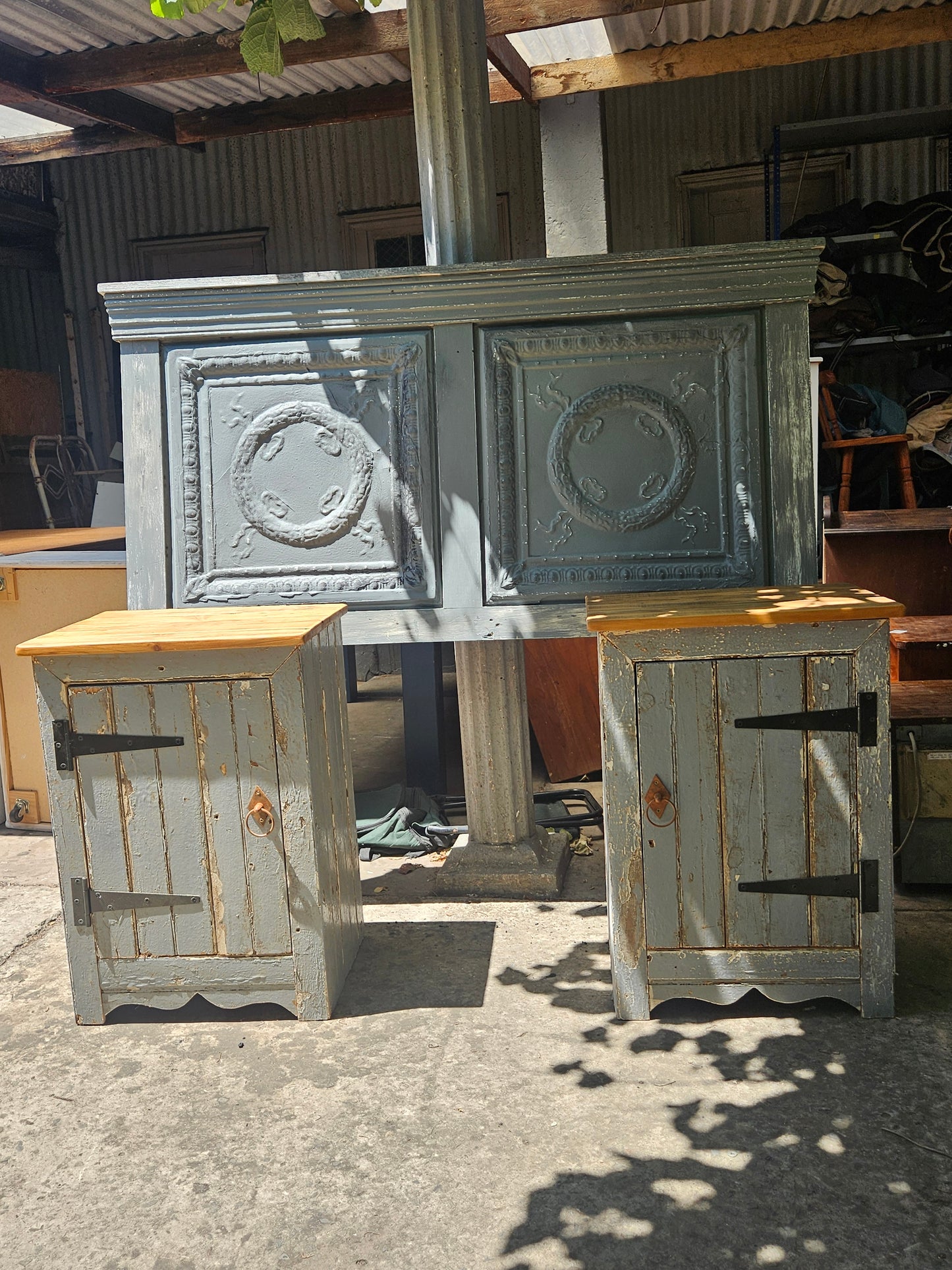 Rustic grey headboard and pedestals set