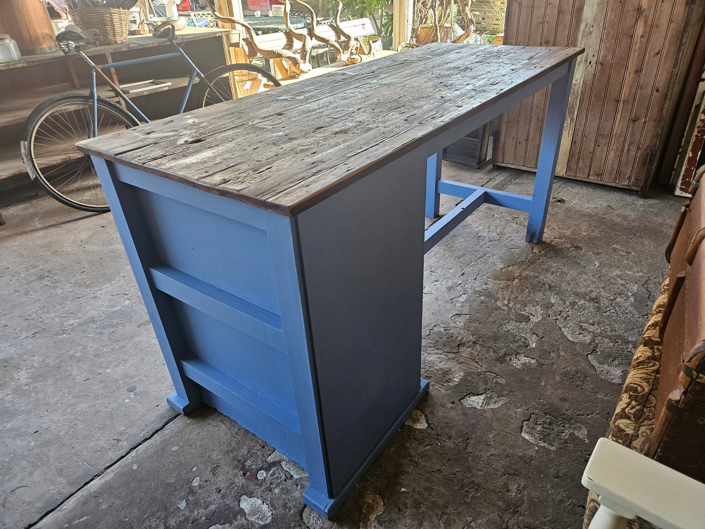 Rustic blue workbench / kitchen island
